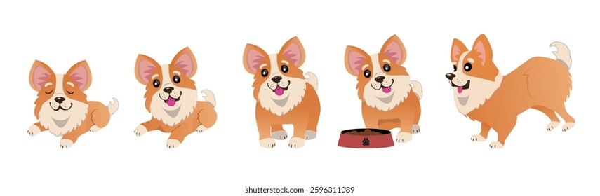 set of cute dog in various positions, puppy sleeping, sitting and running. vector illustration.