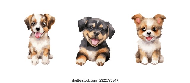 Set of cute dog watercolor isolated on white background. Puppy hand drawing vector illustration