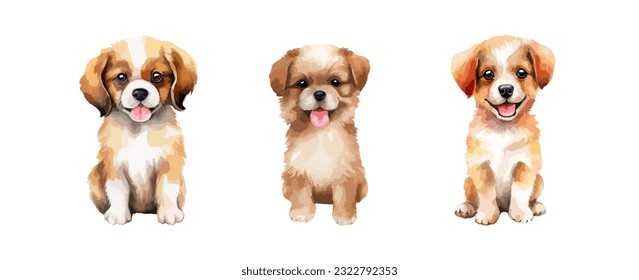 Set of cute dog watercolor isolated on white background. Puppy hand drawing vector illustration