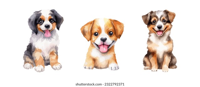 Set of cute dog watercolor isolated on white background. Puppy hand drawing vector illustration