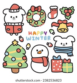 Set of cute dog in winter concept.Icon cartoon hand drawn.Merry christmas tree,lighting decoration,gift bos,santa hat,bell,sock, wreath.Festival.Kawaii.Vector.Illustration.