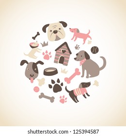 Set of cute doggy related icons arranged in a circle.