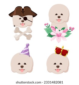 A set of cute dogs. Bichon frise in cartoon style.
