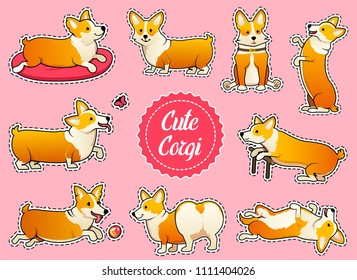 Set of cute dogs breed Welsh Corgi Pembroke on pink background. stickers for girls. A domestic pet, a happy royal animal for girls. Funny Red haired puppy looks like a fox. Vector illustration.