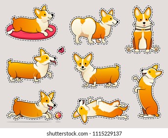 Set of cute dogs breed Welsh Corgi Pembroke on white background. stickers for girls. A domestic pet, a happy royal animal for girls. Funny Red haired puppy looks like a fox. Vector illustration.