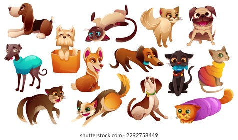 Set of Cute dogs and cats. Collection of portraits of adorable fluffy kittens and puppies of different breed. Funny animals or pets. Realistic cartoon vector illustration isolated on white background.