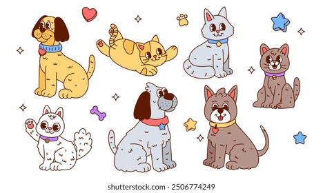 Conjunto de lindos perros y gatos pegatinas en estilos groovy retro. Ilustración vectorial plana aislada sobre fondo blanco. Mascotas domésticas divertidas, animales lindos, perritos alegres y colección de gatos