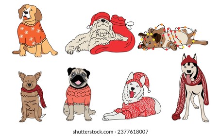 Set of cute dogs in Christmas clothes on white background