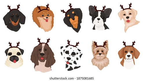 Set of cute dogs for Christmas. Cute dogs with deer antlers. Collection of funny dogs of different breeds. Cute doodle corgi for Christmas. Vector illustration