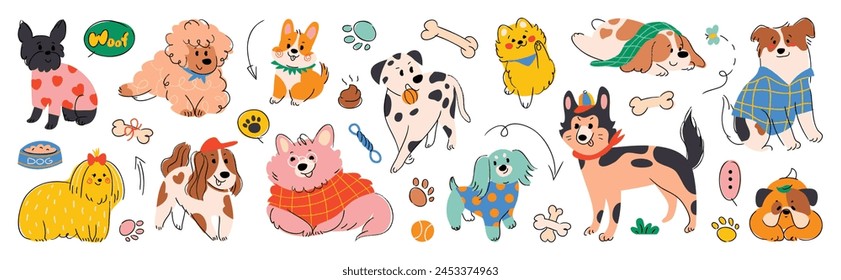 Set of cute dogs clipart vector. Lovely dog and friendly puppy doodle pattern in different poses and breeds with costume. Adorable funny pet and many characters hand drawn collection.