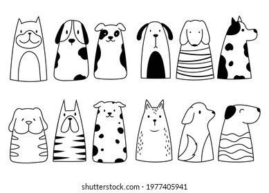 Set of cute dogs. Collection of funny cartoon animal. Lovely puppies. Vector illustration of home pets. Logo of the dog. 