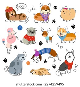 Conjunto de perros Cute. Coloridos pegatinas de doodle o íconos con cachorros de varias razas con ropa elegante. Mascotas o animales divertidos. Colección vectorial plana de dibujos animados aislada en fondo blanco