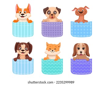 Set of cute dogs in colorful pockets. Collection of pets sitting inside pocket. Funny and happy cartoon puppy characters for t-shirt design, printing. Vector cartoon illustration