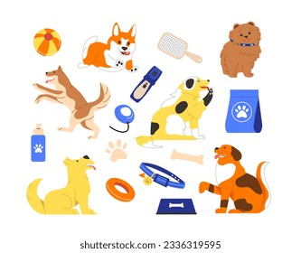 Set of cute dogs concept. Colorful puppies, domestic animals. Pets with food and toys, colorful ball. Adorable corgi with comb. Cartoon flat vector collection isolated on white background