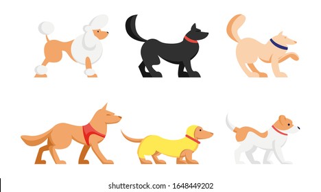 Set of Cute Dogs of Different Breeds Isolated on White Background. Poodle, Dachshund and Husky Pets, Group of Animals Side View. Funny Cartoon Characters. Flat Vector Illustration, Icon, Clip Art