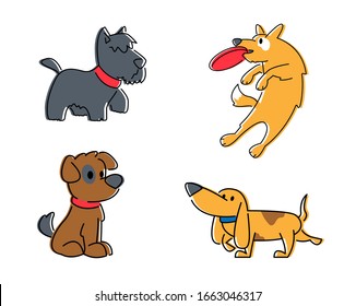Conjunto de Perros Cutos Diferentes Razas Aisladas en Fondo Blanco. Mascotas, Grupo de Animales Domésticos Caminando, Sentados, Jugando Capturando Juguetes. Personajes De Caricatura Graciosos. Ilustración de vectores planos, arte de línea