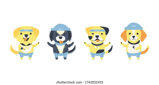 
Conjunto de perros lindos de diferentes razas. Caricatura divertida. Perros con accesorios para el deporte. Relojes, sombreros deportivos y un silbato son artículos deportivos. Ilustración vectorial de dibujos animados planos.
