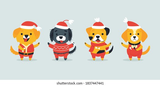 Set of cute dogs of different breeds in Christmas costumes. Funny cartoon character. Dogs in red caps and clothes dressed up for the holiday. Flat cartoon vector illustration.
