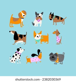 Set of cute dogs of different breeds in a cartoon style. Funny pet animals isolated on a blue background.Vector illustration.