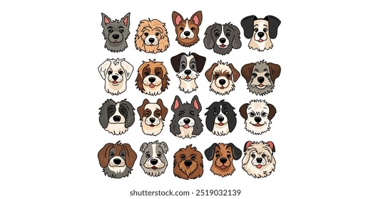 Conjunto de cães fofos de diferentes raças, estilo doodle, lugar para texto, espaço de cópia, banner