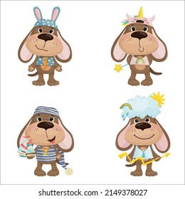 A set of cute dogs in different costumes