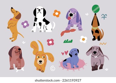 A set of cute dogs in different poses. Vector vivid illustration of pets. Vibrant colors.