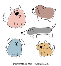 Conjunto de perros lindos al estilo de doodle. Borde negro y manchas. Perros divertidos aislados de fondo blanco. Ilustración del vector