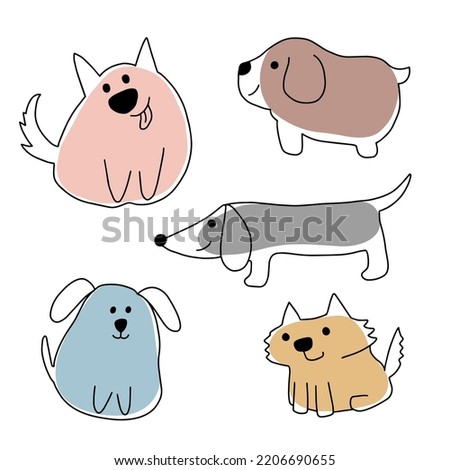 Set of cute dogs in doodle style. Black outline and blobs. Funny doggies isolated on white background. Vector illustration