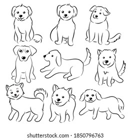 Conjunto de doodles de perros lindos, ilustración de boceto dibujado a mano sobre fondo blanco.