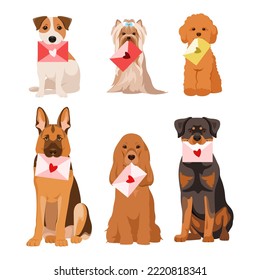 A set of cute dogs with envelopes. Cartoon design.
