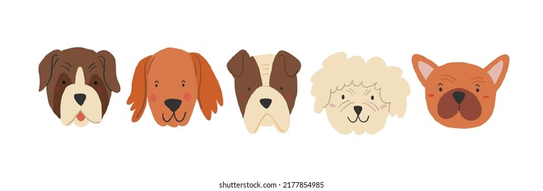 Set of cute dogs faces avatars on white background