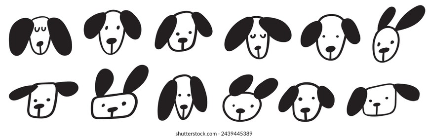 Set of cute dogs faces. Black color. Outline isolated icons. Vector illustrations on white background. 