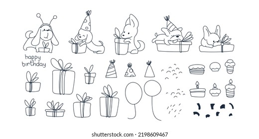 Set cute dogs, gift, balloons and cake. Cartoon Print for baby posters, cards, clothes, decor room. Vector illustration