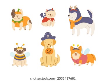 Conjunto de los perros lindos en disfraz de halloween. Colección de Vector de dibujos animados de cachorros planos de Halloween.