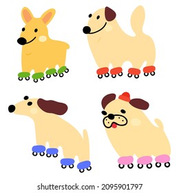 Set of cute dogs on roller skates. 
Hand drawn vector icon illustrations on white background.
