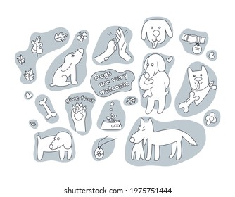 Set of cute dogs, paw, human hand and pet accessories: bone, collar, food, pendant.Text saying Dogs are very welcome and Give four. Design elements for dogs care. Flat hand drawn vector illustration