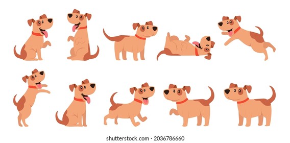 Juego de perros, mascotas, animales domésticos caminando, sentados, saltando, dando patadas. Personajes divertidos de caricatura, alegres tonterías marrones en diferentes poismos aislados de fondo blanco. Ilustración vectorial, iconos