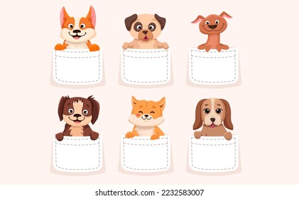 Set of cute dogs in a pocket. Collection of pets sitting inside pocket. Funny and happy cartoon puppy characters for t-shirt design, printing. Vector cartoon illustration