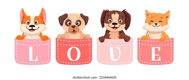 Set of cute dogs in a pocket with LOVE letters. Collection of pets sitting inside pocket. Funny and happy cartoon puppy characters for t-shirt design, printing. Vector cartoon illustration