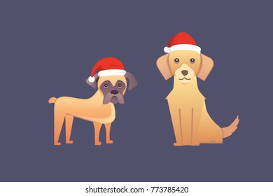 Set of cute dogs in red santas hat. Christmas puppy winter cartoon illustration.