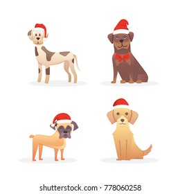 Set of cute dogs in red santas hat. Christmas puppy winter cartoon illustration.