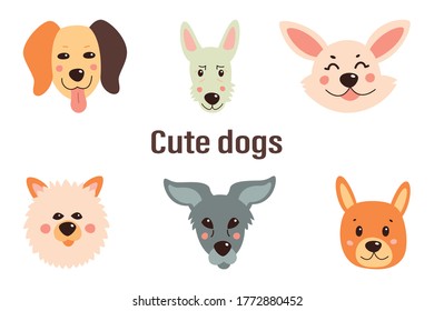 Set of cute dogs. Vector illustration on a white isolated background.