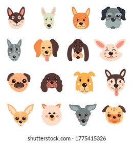 Set of cute dogs. Vector illustration on a white isolated background.