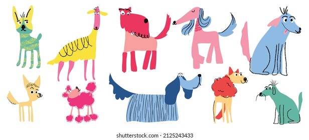 Set of cute dogs vector. Lovely dog and friendly puppy doodle pattern in different poses and breeds with flat color. Colorful funny pet and many characters hand drawn collection on white background.