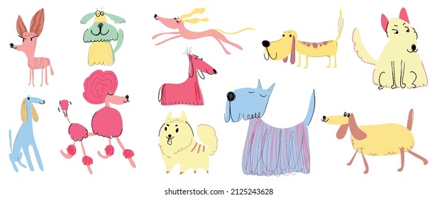 Conjunto de lindos vectores de perros. Perro encantador y simpático patrón de doodle de cachorro en diferentes poses y razas de color plano. Colorida mascota divertida y muchos personajes colección dibujada a mano sobre fondo blanco.