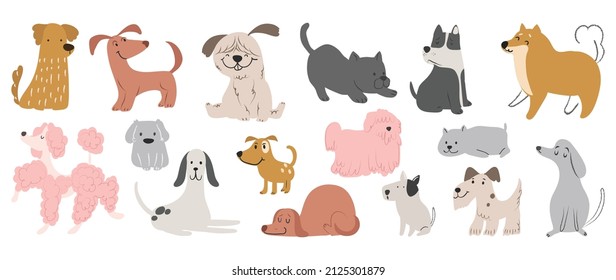 Set of cute dogs vector. Lovely dog and friendly puppy doodle pattern in different poses and breeds with flat color. Adorable funny pet and many characters hand drawn collection on white background.