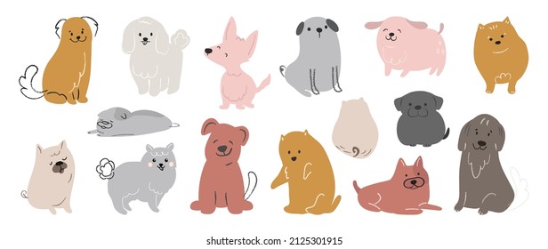 Set of cute dogs vector. Lovely dog and friendly puppy doodle pattern in different poses and breeds with flat color. Adorable funny pet and many characters hand drawn collection on white background.