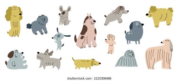 Set of cute dogs vector. Lovely dog and friendly puppy doodle pattern in different poses and breeds with flat color. Adorable funny pet and many characters hand drawn collection on white background.