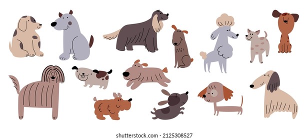 Set of cute dogs vector. Lovely dog and friendly puppy doodle pattern in different poses and breeds with flat color. Adorable funny pet and many characters hand drawn collection on white background.