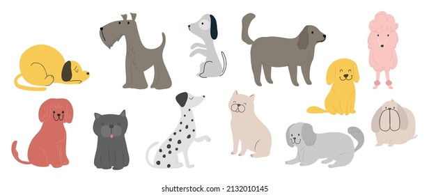 Set of cute dogs vector. Lovely dog and friendly puppy doodle pattern in different poses and breeds with flat color. Adorable funny pet and many characters hand drawn collection on white background.